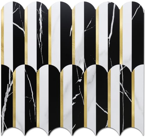 DICOFUN 10-Sheet Black & White Peel and Stick Backsplash for Kitchen, PVC Stick on Backsplash Wall Tiles - color: Fish Scale/Black and White, size: 10 Sheets, 12"x12"x0.12"
