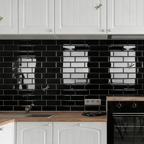 Art3d 10-Pack Heavy-Duty Peel and Stick Backsplash, 12 x 12 Inch Vinyl Seaglass Subway Design Stick on Wall Tile for Kitchen Living Room Home Decor, Black - color: Black