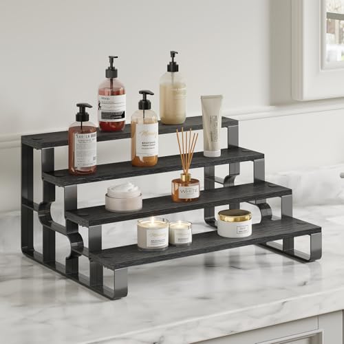 GRELY Waterproof Wooden Perfume Cologne Organizer for Men, 4 Tier 14 Inch Large Capacity Stand with ABS Frame, Anti-Slip for Dresser Bathroom (Black, 4 Tier 14.0") - size: 4 Tier 14.0"