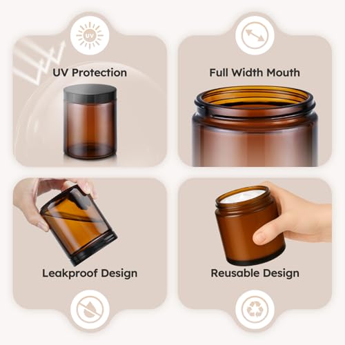8 oz Amber Glass Jars with Lids, 12 Pack Amber Small Glass Jars with Black Lids, Lotion Container Empty Cosmetic Travel Containers for Sample, Cream, Lotion, Honey, Powder - color: Amber-Black Lids, size: 8 Ounces