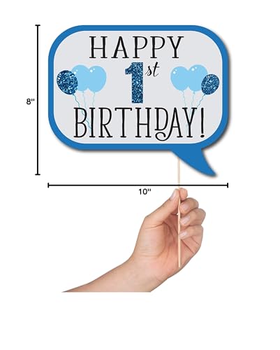 1st Birthday Boy Photo Booth Props - 41-pc Photobooth Kit with 8 x 10-Inch Sign, 60 Adhesive Pads, 45 Sticks - First Birthday Photo Kit