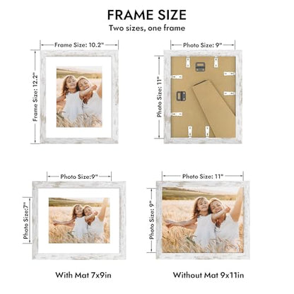 Hongkee 9x11 Picture Frame with Glass, Display Pictures 7x9 with Mat or 9 x 11 without Mat - Wall and Tabletop, 9 by 11 Photo Wooden Frames (Distressed White, 1 Pack) - color: Distressed White, size: 9X11 in