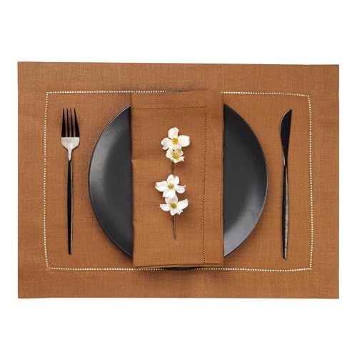 D'Moksha Homes Rust Linen Placemats Set of 4 - Classic Hemstitch Placemats 14 x 19 Inch - 100% Pure Linen Table Mats for Spring - Handcrafted and Machine Washable - color: 07 - Rust