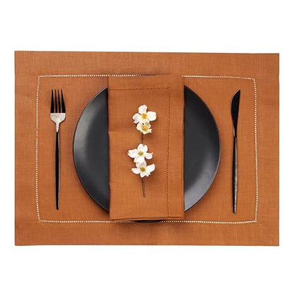 D'Moksha Homes Rust Linen Placemats Set of 4 - Classic Hemstitch Placemats 14 x 19 Inch - 100% Pure Linen Table Mats for Spring - Handcrafted and Machine Washable - color: 07 - Rust