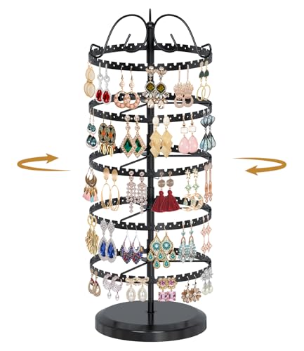 MODOWEY 5 Tier Rotating Earring Holder Organizer Stand, Adjustable Metal Display Tree Rack for Women, 400 Hole and Groove Large Storage for Pierced Stud Dangle Hoop, Compact for Small Dresser, Black - color: Black, size: 5-Tier