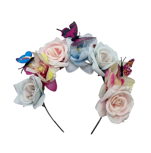 Elegant Butterfly Flower Headband for Women Boho Handmade Rose Floral Crown Wedding Bridal Festivals Cosplay Prom Photo Props Headpiece (A3 blue, Adjustable) - color: A3 blue