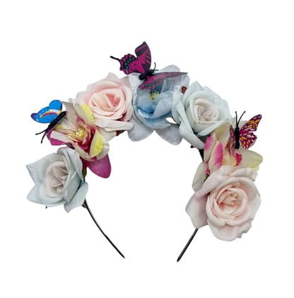 Elegant Butterfly Flower Headband for Women Boho Handmade Rose Floral Crown Wedding Bridal Festivals Cosplay Prom Photo Props Headpiece (A3 blue, Adjustable) - color: A3 blue