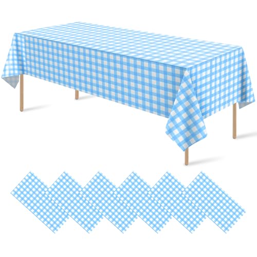 6Pack Light Blue and White Plastic Checkered Tablecloth, Premium Decorative Disposable Light Blue Gingham Plaid Tablecloth for Party, Rectangle Party Table Cover for Picnic Farm Birthday, 54x108 Inch - color: Light Blue Checkered, size: 54"x108"-6 Pack
