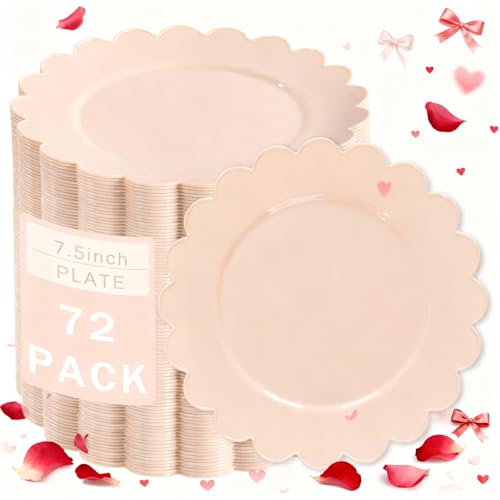 SUT 72-Count Pink Plastic Plates Disposable 7.5 Inch - Scalloped Edge Dessert Plates for Valentine’s Day, Parties, Birthdays, Weddings | Lightweight & Durable Disposable Dinnerware (72 Pack) - color: Pink, size: 7.5 Inch