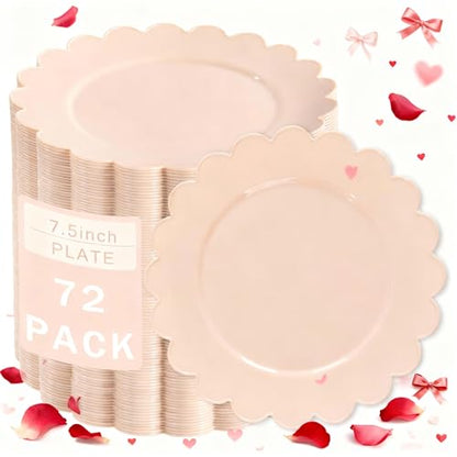SUT 72-Count Pink Plastic Plates Disposable 7.5 Inch - Scalloped Edge Dessert Plates for Valentine’s Day, Parties, Birthdays, Weddings | Lightweight & Durable Disposable Dinnerware (72 Pack) - color: Pink, size: 7.5 Inch
