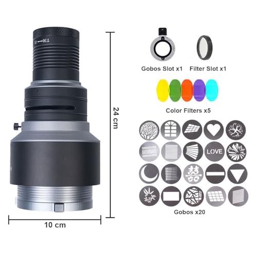 Bowens Mount Spotlight Conical Optical Snoot kit,Photography Studio Lighting Projector Accessory with 20 Gobos&5 Color Filters for Aputure Amaran 100DS/XS 200XS/DS 300C/DII/X 60D/XS Godox SL60 AD600 - size: 0.3x