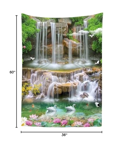 BELECO 3x5ft Fabric Forest Park Waterfall Backdrop Picturesque Swan Lake Lotus Pond Green Trees Scenery Photography Background Wallpaper Spring Summer Holiday Travel Portrait Photoshoot Props - size: 3x5FT