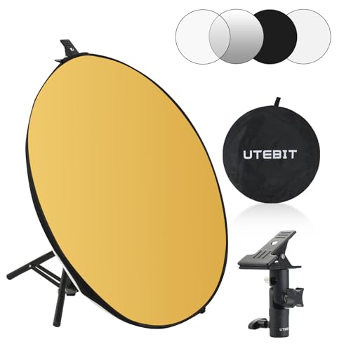 UTEBIT 24"/60cm Reflector Photography, Collapsible Light Reflector with Clamp & Bag, 5-in-1 Photography Reflector Translucent/Silver/Gold/White/Black with 3/8" Thread for Studio Outdoor Lighting - size: 24 Inch