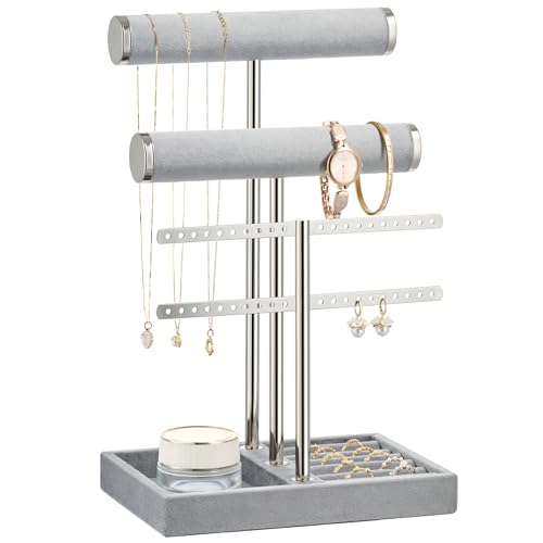 bussdis 3 Tier Bracelet Holder Display - Detachable T Bar Grey Velvet Bracelet Holder, Jewelry Holder Organizer for Bracelet, Necklace, Earrings, Rings - color: Grey, size: Standard