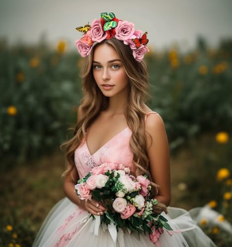Elegant Butterfly Flower Headband for Women Boho Handmade Rose Floral Crown Wedding Bridal Festivals Cosplay Prom Photo Props Headpiece (A3 purple, Adjustable) - color: A3 purple