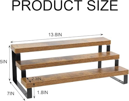 4-Tier Wooden Display Riser Shelf Stand for, Makeup, Cupcake, Condiment & Dolls Collection Home Decor Organizer, Expandable for Pantry/Counter (Brown, 3-Tier) - size: 3-Tier
