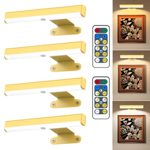 4Pack Wireless Picture Light with Remote,Battery Operated Wall Sconces for Wall Decor,3 Color Timer&Dimmable Paintings Light LED Art Display Lamp Picture Frame Light for Artwork Posters Gallery-Gold - size: 4pack Gold