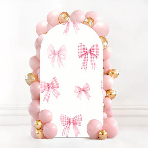7.2FT Wedding Arch Backdrop Cover Cute Pink Checkered Bows Watercolor Seamless White for Children s Spandex Fitted Fabric Round Top Stretchy Stand Covers for Baby Shower Birthday Party Decoration - color: Color10, size: 7.2x4 FT