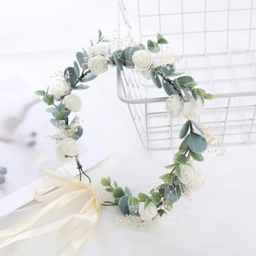 Greenery Leaf Crown Rustic Wedding Headpiece Bridal Headband Photo Prop - color: White Babysbreath