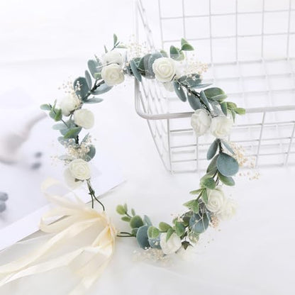Greenery Leaf Crown Rustic Wedding Headpiece Bridal Headband Photo Prop - color: White Babysbreath