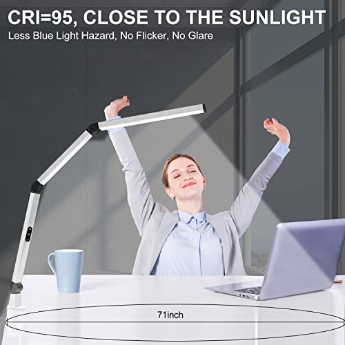 Micomlan LED Desk Lamp for Home Office, Architect Clamp Desk Lamp with Remote Control, Adjustable Dimmable Swing Arm Clamp on Table Light Clip-on Dual Light 5 Brightness Levels & 4 CCT Modes - color: White+Remote