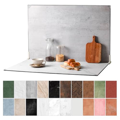 Food Photography Backdrops, 23x35inch 10Pcs Double-Sided Product Background Paper (20 Patterns), Photo Backdrop Board with T-Stand & Clamps for Jewelry, Cosmetics