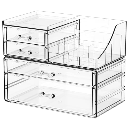 SUOXING Clear Acrylic Makeup Organizer for Vanity,Bathroom,Dresser,4 Drawer Make up Organizers for Counter,Plastic Countertop Makeup Storage for Beauty,Hair Accessory,Brush,Cosmetic,Skincare Organizer - size: 4 Drawers