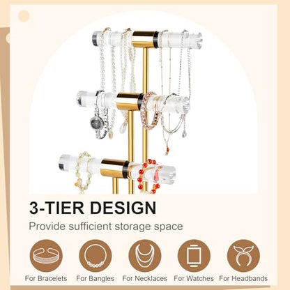 3-Tier Necklace Holder Bracelet Holder, Gold Acrylic Jewelry Display Stand Crystal T Bar Jewelry Organizer Gift for Women - style: 3-Tier 1pc
