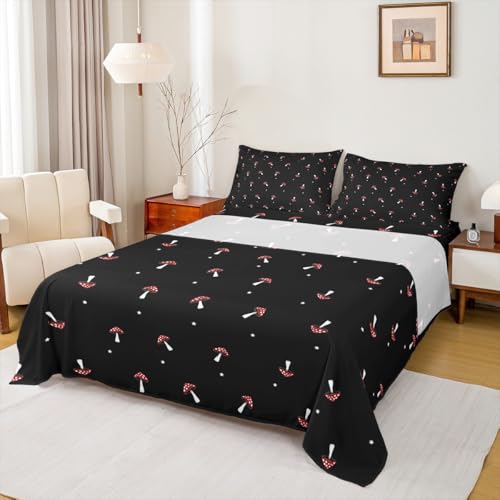 Cute Mushroom Bed Sheets King Size, Kid Cartoon Kawaii Sheet Set, Types Of Mushrooms Bedding Set, Farmhouse Botanical Fitted Sheet Cute Wild Species Natural Plants Flat Sheet For Room Decor, Black - color: Multi 80, size: King