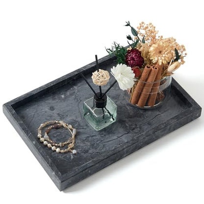 Marble Bathroom Tray,Pure Natural Vanity Tray,Marble Trays for Kitchen Counter Non-Ceramic/Non-Resin,Stone Tray 12 x 8 inch (Black) ﻿ - color: Black