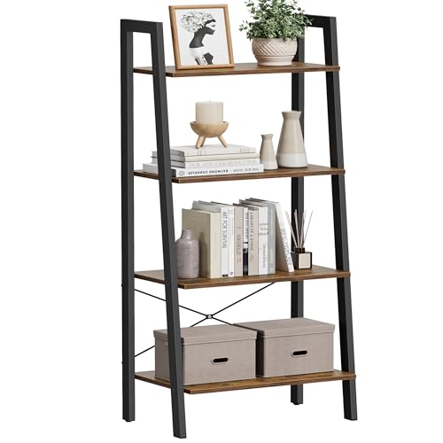 VASAGLE Ladder Shelf, 4-Tier Bookshelf, Storage Rack, Bookcase with Steel Frame, for Living Room, Home Office, Kitchen, Bedroom, Industrial Style, Rustic Brown and Ink Black ULLS44X - color: Rustic Brown + Ink Black, size: 4 Tiers (22"W)