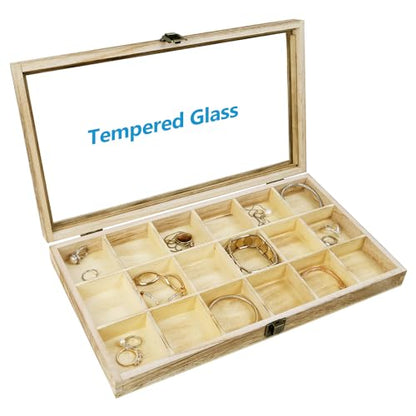 Mooca Wooden Display Storage Case with Tempered Glass Lid for Jewelry and Beads with 18 Compartments Tray, Oak Color, 15" W x 8 3/4" D x 2" H - color: Oak