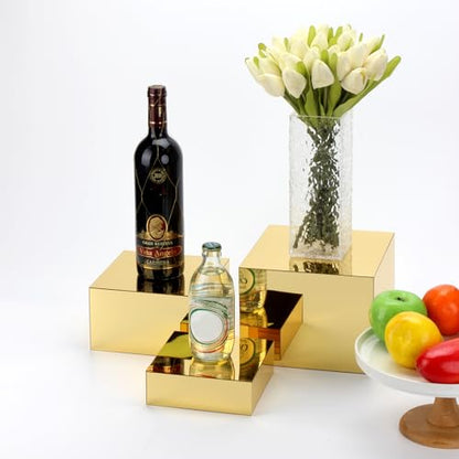 Acrylic Mirror Display Riser, 3 Pcs Glossy Gold Risers for Display Food Display Lifter Nesting Display Risers Hollow Bottom, Acrylic Box Rack Perfume Cosmetics Collection Stand - color: Gold