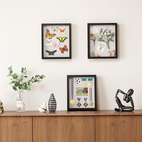 Muzilife 8.5x11 Shadow Box Picture Frame with Linen Board - Wood Display Case Deep Frame with Glass Cover, Ready to Hang Awards, Medals, Tickets, Wedding Memories, Flower and Photos, Black - color: Black, size: 8.5x11