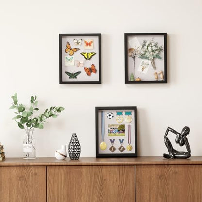 Muzilife 8.5x11 Shadow Box Picture Frame with Linen Board - Wood Display Case Deep Frame with Glass Cover, Ready to Hang Awards, Medals, Tickets, Wedding Memories, Flower and Photos, Black - color: Black, size: 8.5x11