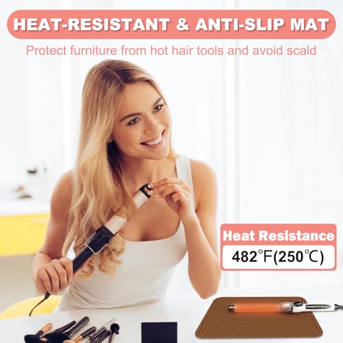 Oversize Silicone Heat Resistant Mat for Curling Irons, Flat Irons, Hair Straighteners and Hot Hair Styling Tools, Portable Wrap Pad Cover for Vanity, Travel, Salon(14.2" x 11.0") - color: Brown