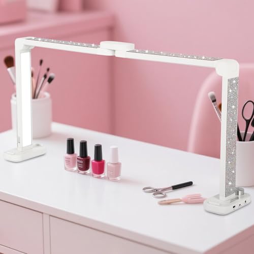 34in Half Moon Light for Nail Desk, Foldable LED Lamp for Nail Art, Tattooing, Craft Making, Stepless Dimming, 3000-6000K Color Temperature Adjustment, 456 Light Beads, White with Diamond - color: White with Diamond