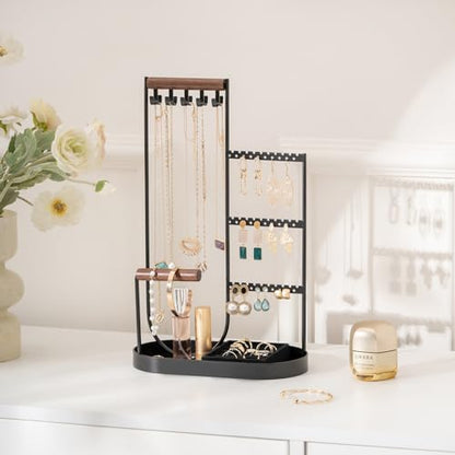 ProCase Jewelry Organizer Tower, 10 Hooks Jewelry Storage Rack Tree Holder Stand with Velvet Ring Display Tray for Necklaces Bracelets Earrings Rings Watches -Black - color: Balck