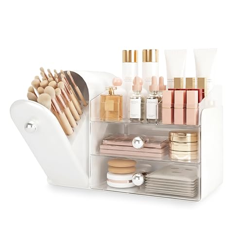 lurcns Makeup Organizer with Dustproof Brush Holder for Vanity, Large Cosmetics Organizer and Bathroom Countertop Skincare Storage with 2 Clear Drawers for Lipstick, Perfume, Eyeshadow Palettes,White - color: White