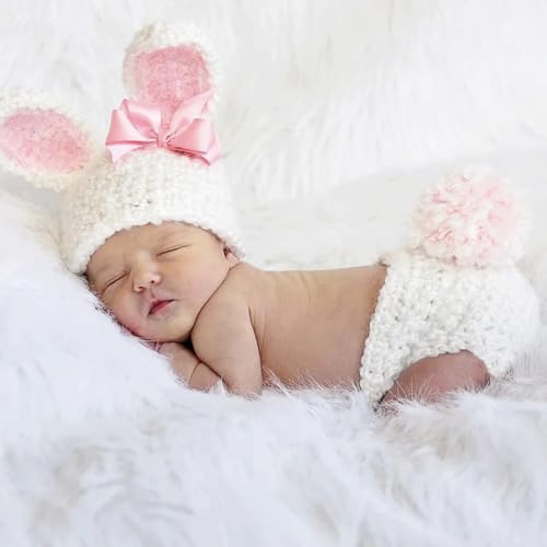 ForBaysy Newborn Photography Props Boy Girl Crochet Bunny Costume Set Baby Photo Shoot Outfits with Rabbit Ear Hat - color: White Bunny Outfits