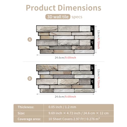 ViibXfans-3D Textured Peel and Stick Backsplash Tiles - 20-Sheets 9.69"x4.72" Waterproof Self-Adhesive Backsplashes Tile for Kitchen,Bathroom-Granite - color: Granite