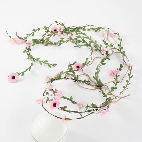 Flower Crowns Wands for Wedding，Headband Hair Wreath Accessory Wedding Veil Flower Crown for Women Headpiece Floral Crown for Women with Wicker (Pink, Adjustable) - color: Pink