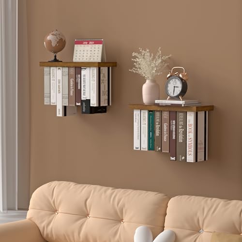 Tohiasen Floating Book Shelves for Wall Mounted Set of 2, Wood Hanging Bookshelf, Book Display Shelf for Wall, Unique Space Saving Book Shelf Wall Book Holder (Brown) - color: Brown