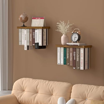 Tohiasen Floating Book Shelves for Wall Mounted Set of 2, Wood Hanging Bookshelf, Book Display Shelf for Wall, Unique Space Saving Book Shelf Wall Book Holder (Brown) - color: Brown