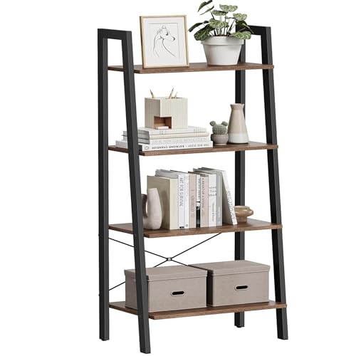 VASAGLE Ladder Shelf, 4-Tier Bookshelf, Storage Rack, Bookcase with Steel Frame, for Living Room, Home Office, Kitchen, Bedroom, Industrial Style, Hazelnut Brown and Ink Black ULLS044B03 - color: Hazelnut Brown + Ink Black, size: 4 Tiers (22"W)