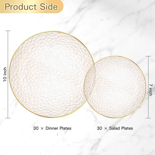 Rubtlamp 60Pcs Clear Gold Plastic Plates, Gold Glitter Disposable Plates, Hammered Plastic Plates Included 30 Dinner Plate And 30 Dessert Plates for Party - color: Gold Glitter