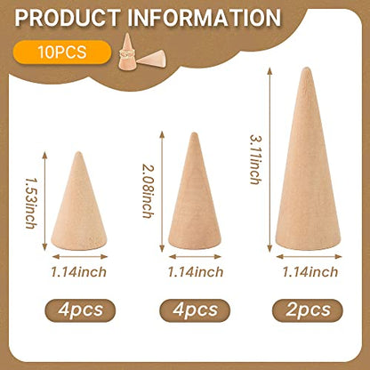 Natural Wood Cones, 10Pcs 3 Different Sizes Wood Cone Rings Holder Jewelry Display Stand Vertical Shaped Unpainted Wooden Cones for Girls Women DIY Craft - color: Natural wood