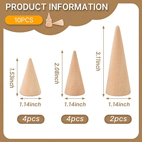 Natural Wood Cones, 10Pcs 3 Different Sizes Wood Cone Rings Holder Jewelry Display Stand Vertical Shaped Unpainted Wooden Cones for Girls Women DIY Craft - color: Natural wood