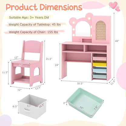 Costzon Kids Vanity with Lights, Girls Vanity Set with Mirror, Storage Drawers, Cabinet & Shelves, Toddler Makeup Vanity Desk Dressing Table, Wooden Kids Vanity Table and Chair Set (Pink) - style: Pink with Storage Bins