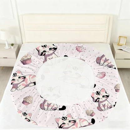 Girls Pink Fitted Sheet Set Twin Size Cute Cat Sheet Set Kawaii Kids Sheet Soft Microfiber 3-Piece Sheet Set Twin Bedspread 1 Fitted Sheet+1 Flat Sheet+1 Pillowcase Cartoon Bedding Set - color: Pink-cat, size: Twin